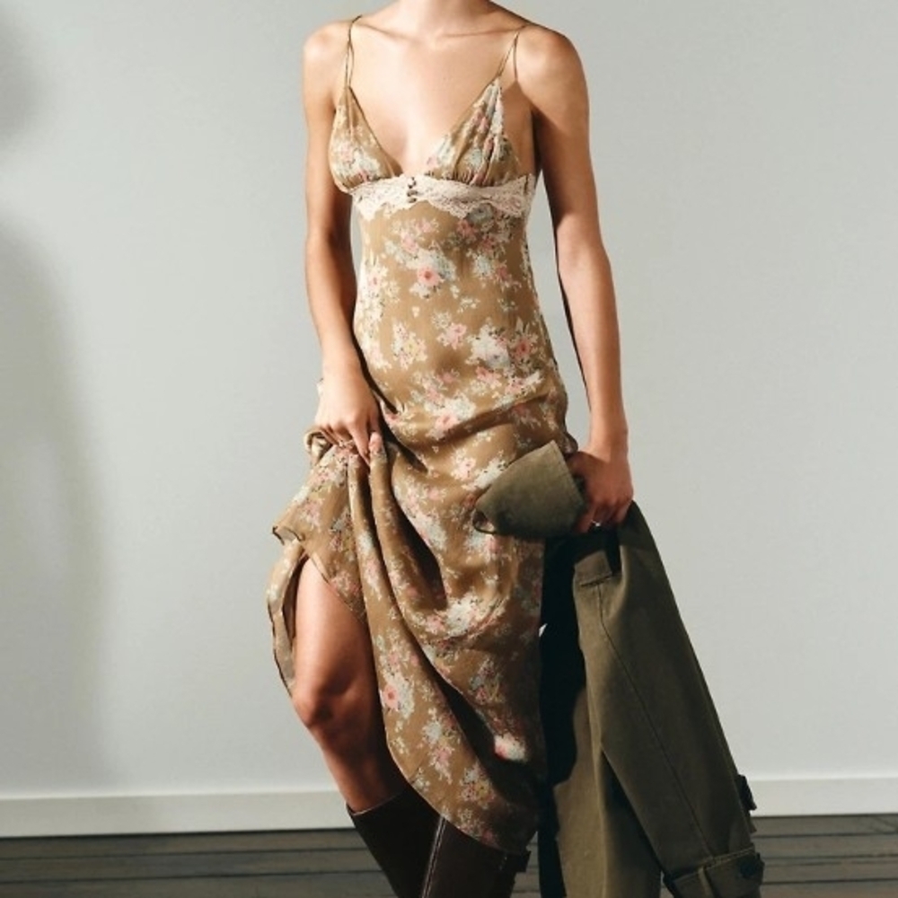 NWT Zara Floral Lace-Trim Slip Dress in Olive Brown - M